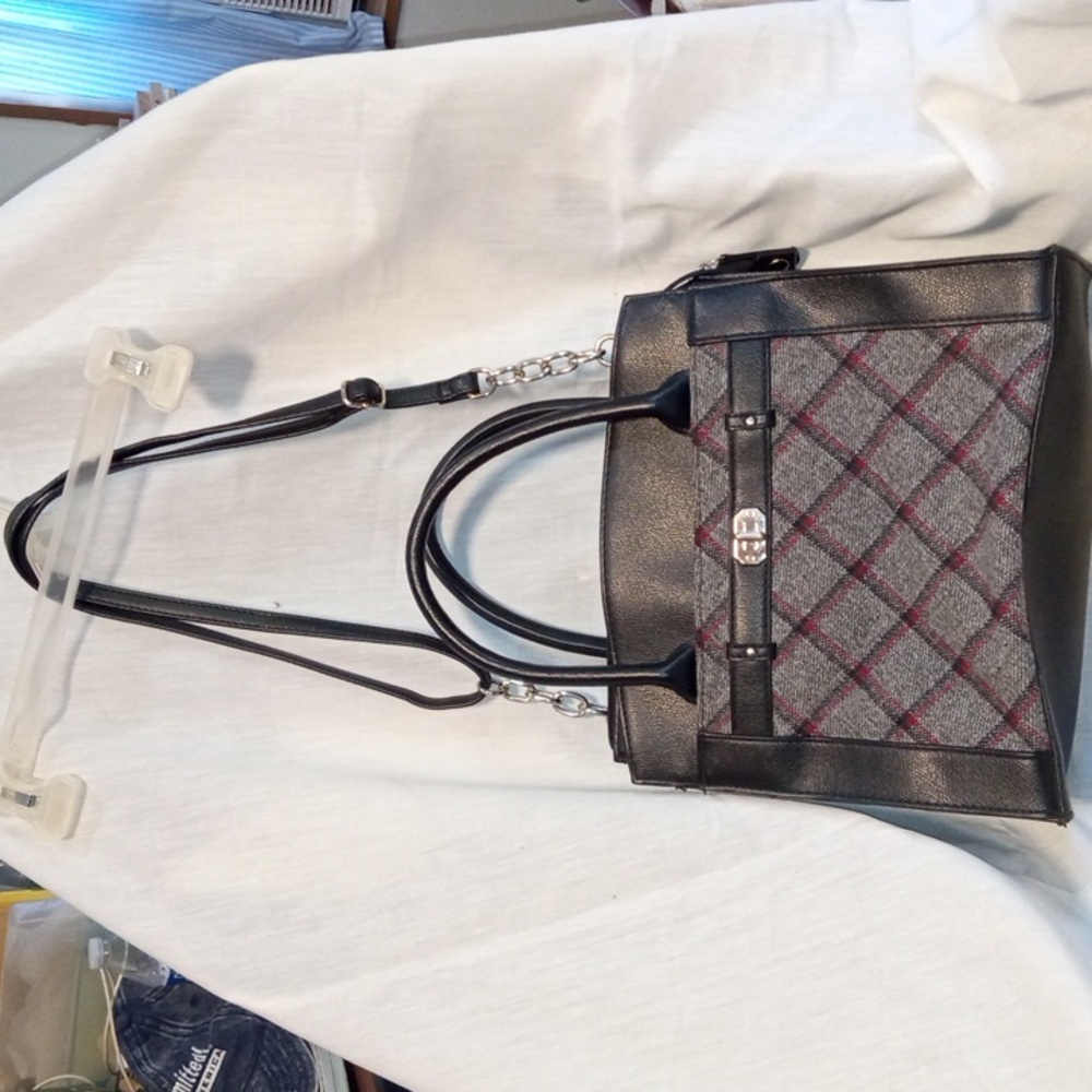 Preppy black gray & red plaid satchel purse handles & strap business academia